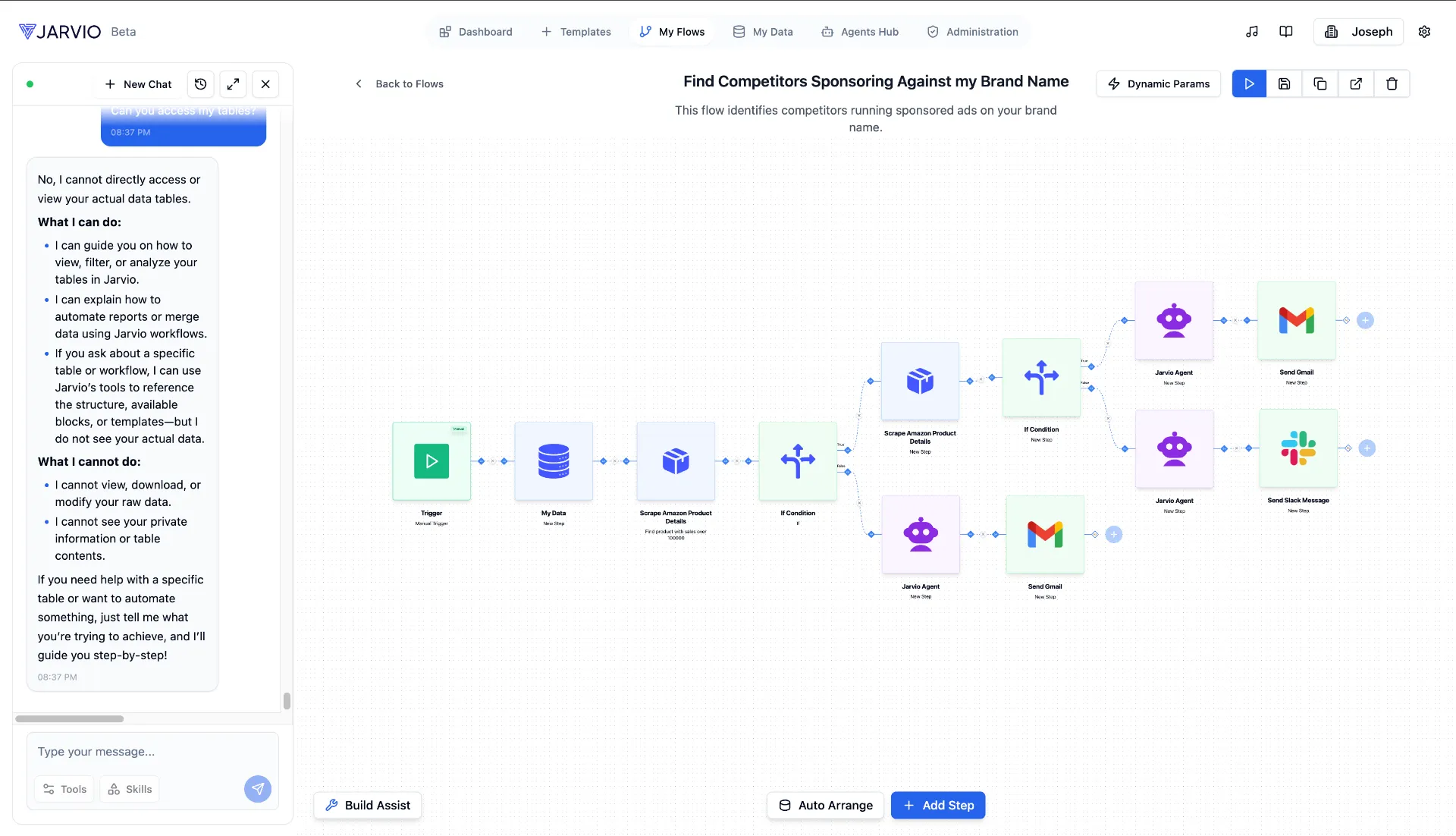 Jarvio workflow builder showing a competitor sponsoring detection flow