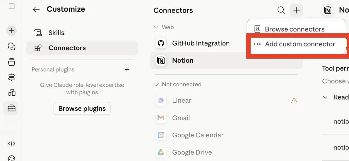 Claude.ai's left sidebar with the Customize item highlighted — Customize is where Connectors now live
