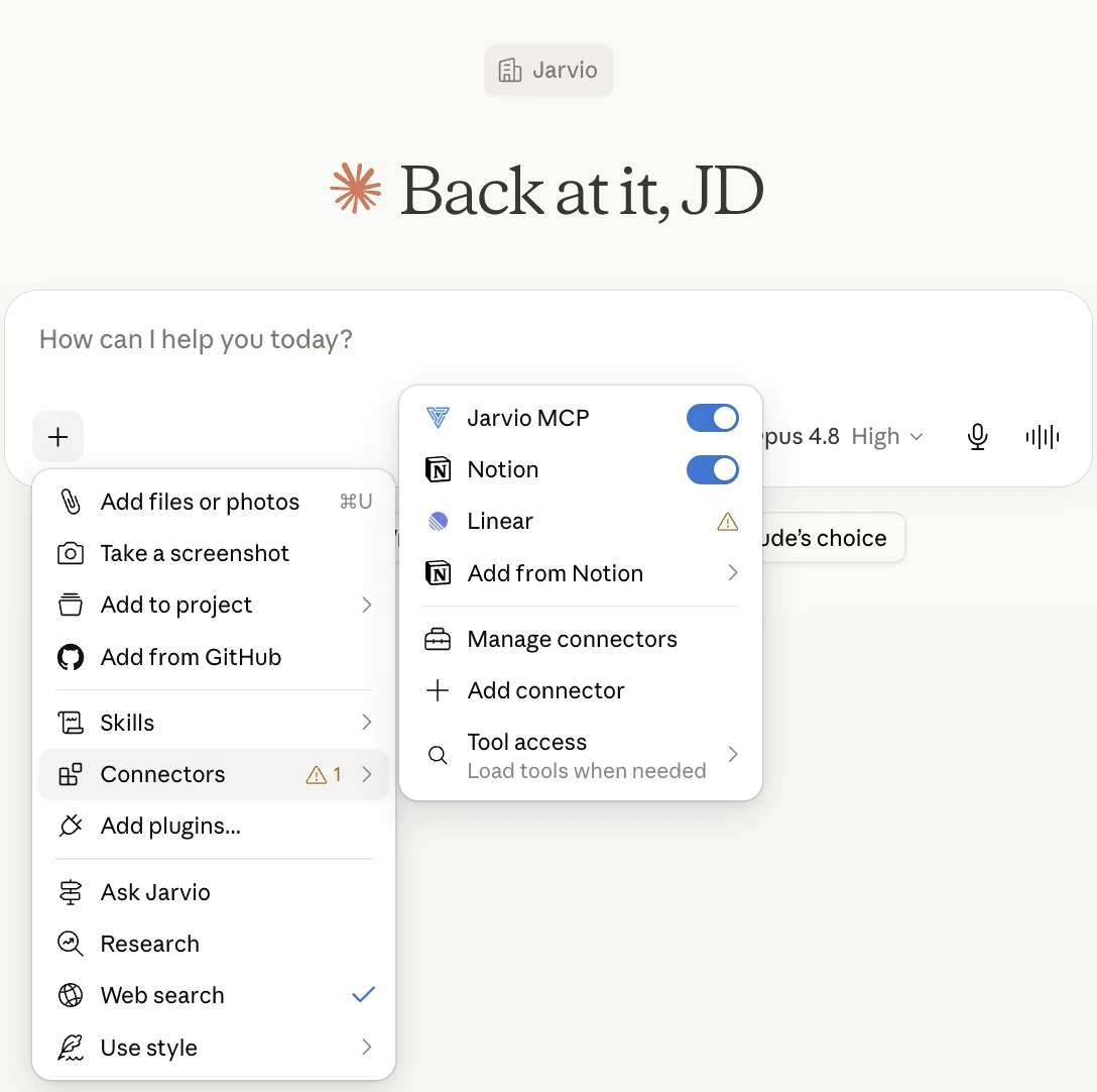 Claude.ai chat composer with the + menu open and the Connectors submenu showing Jarvio MCP toggled on, along with other connectors like Notion and Linear