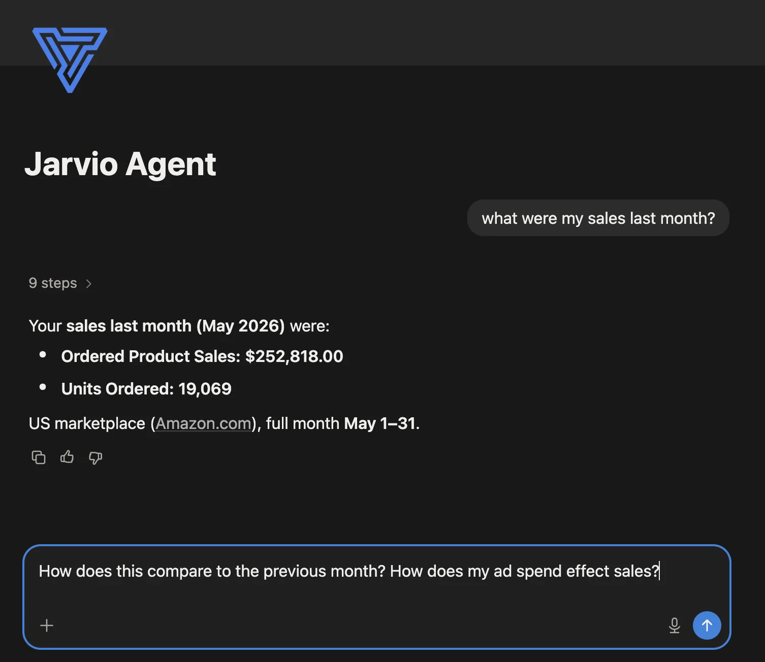 Jarvio Custom Agent in Notion answering "what were my sales last month?" — agent ran 9 MCP tool steps then returned $252,818 in Ordered Product Sales and 19,069 Units Ordered for May 2026 from the US Amazon marketplace