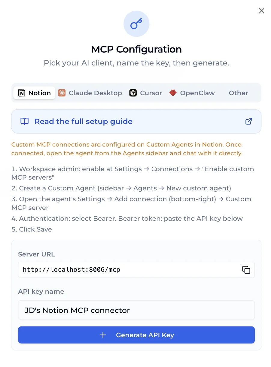 Jarvio Settings → MCP dialog with the Notion tab selected — tabs for Notion / Claude Desktop / Cursor / OpenClaw / Other across the top, Read-the-full-setup-guide link, 5 numbered Notion steps, Server URL field, API key name input pre-populated with 'JD's Notion MCP connector', and a blue Generate API Key button