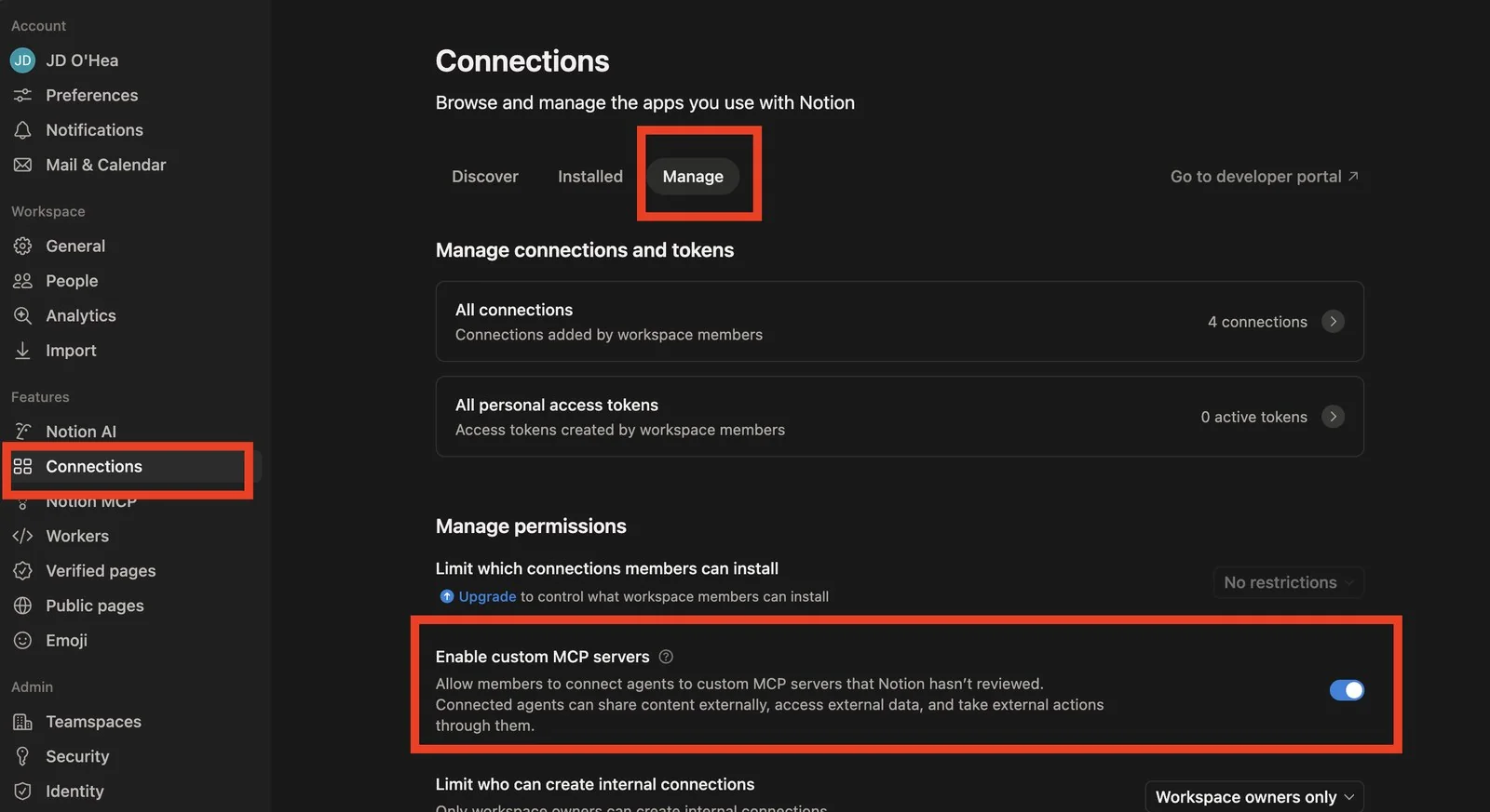 Notion workspace Settings → Connections → Manage panel showing the Enable custom MCP servers toggle switched on