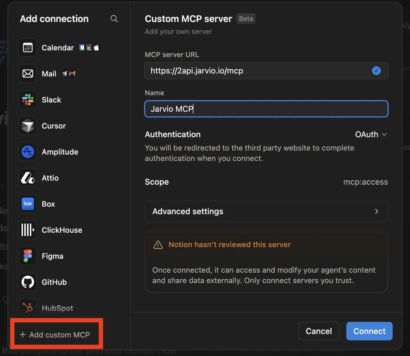 Notion's Add custom MCP server form filled in for Jarvio — connection name 'Jarvio MCP', server URL https://2api.jarvio.io/mcp, and the Authentication dropdown set (OAuth shown; Bearer also works)